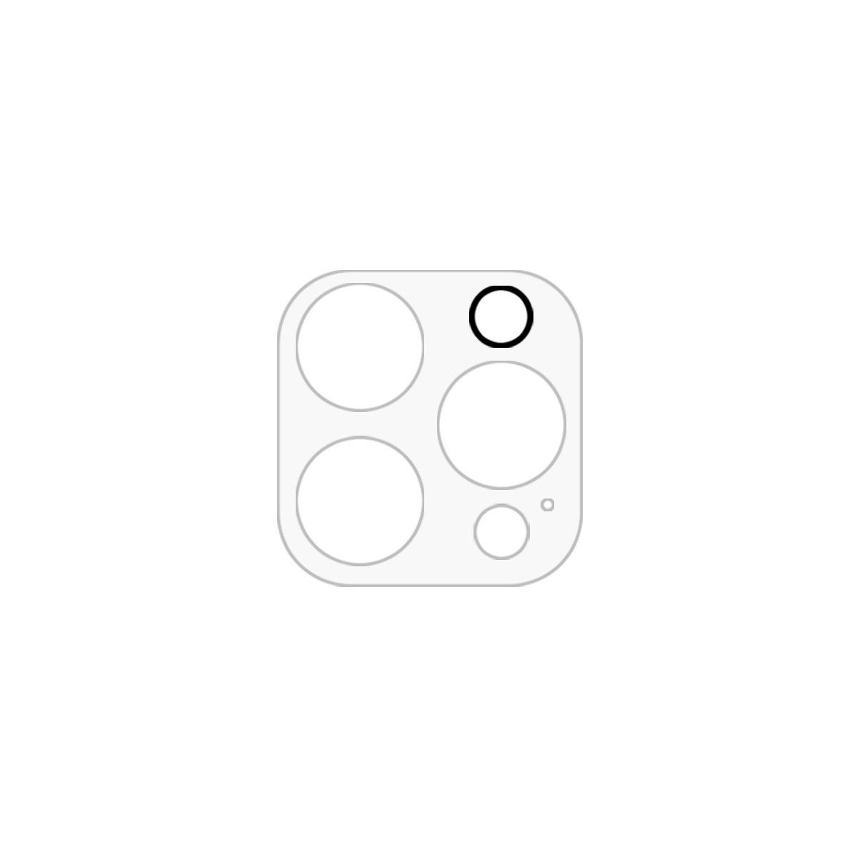 Modulo fotocamera del telefono. Quattro cerchi, uno delineato. Disposizione su sfondo bianco.