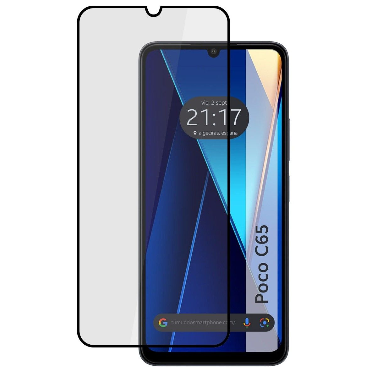 Proteggi schermo per smartphone accanto a un telefono. Lo schermo mostra un orologio e una mappa.