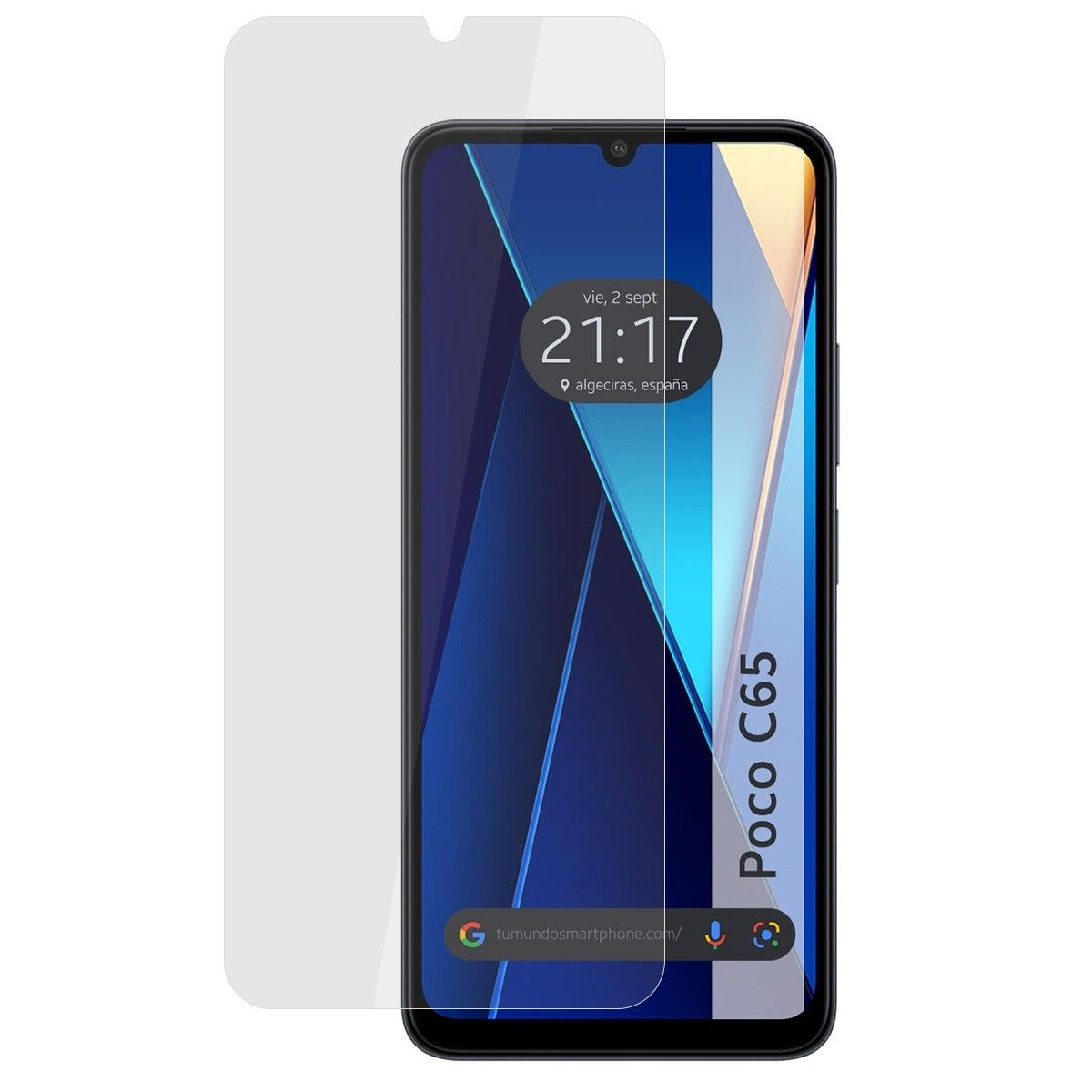 Schermo dello smartphone con protezione, mostra ora e testo, sfondo bianco.