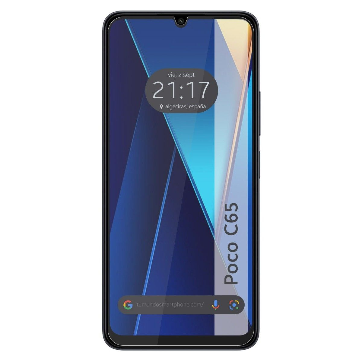 Telefono Poco C65 con design astratto blu e bianco, ora 21:17, Algeciras, Spagna.