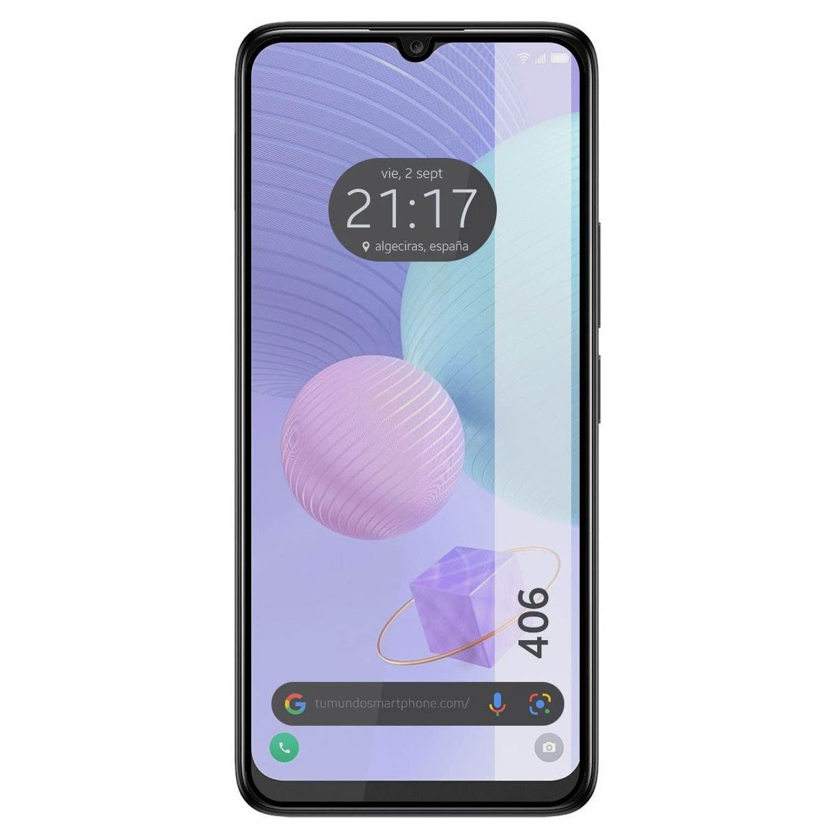 Schermo dello smartphone che mostra orologio, data, città e un design astratto viola.