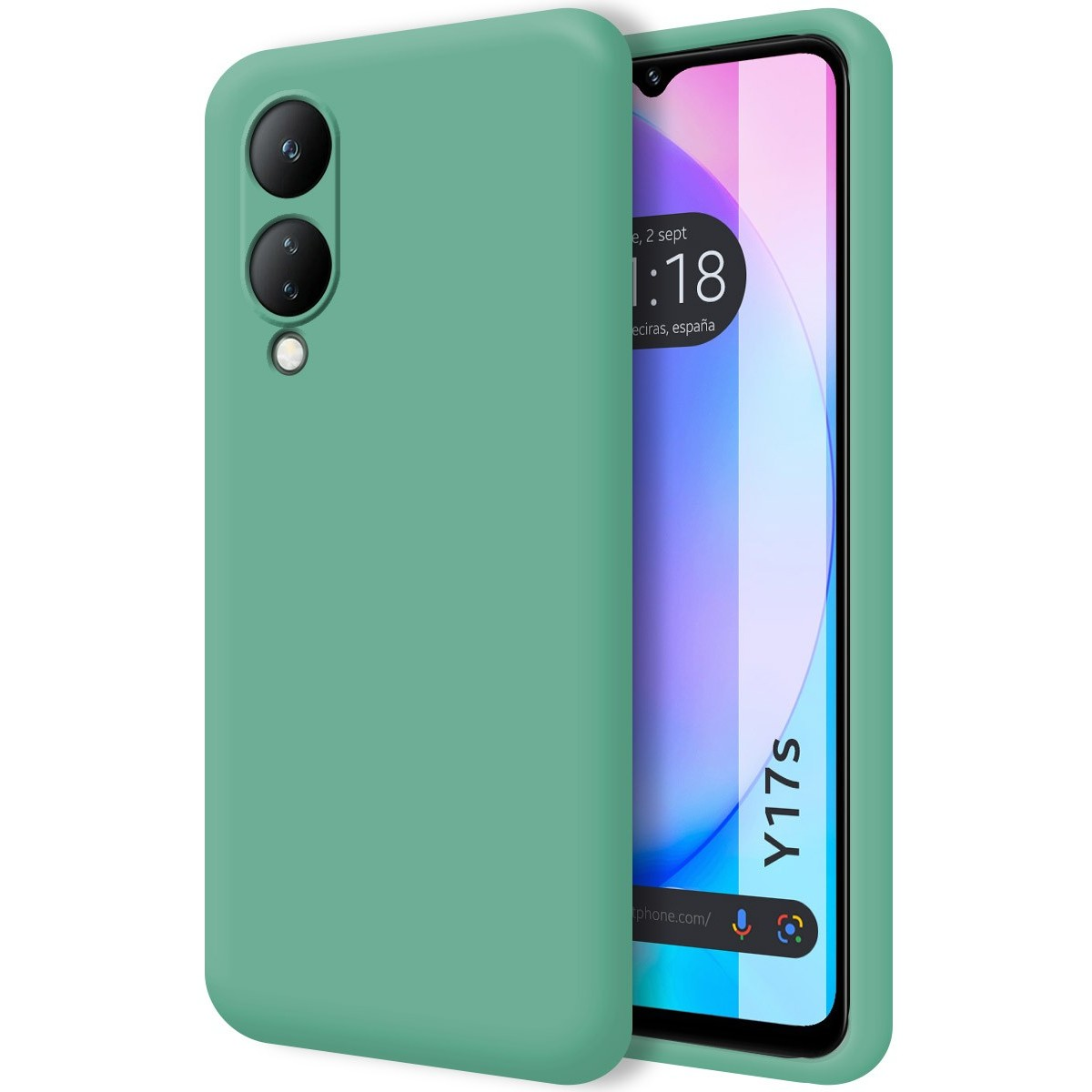 Custodia verde per telefono con telefono che mostra schermo con ora e app.