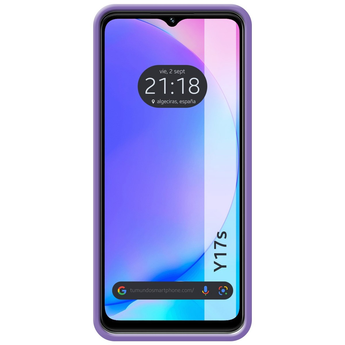 Smartphone con custodia viola. Lo schermo mostra data e ora. Il telefono è un Y17s.