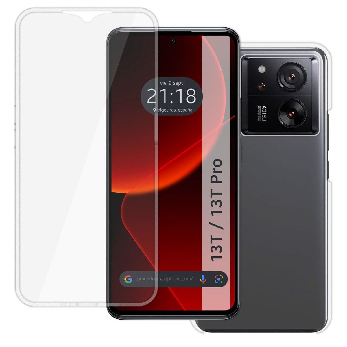 Telefono con protezione schermo. Il telefono ha sfondo rosso. Il modello del telefono è visibile.