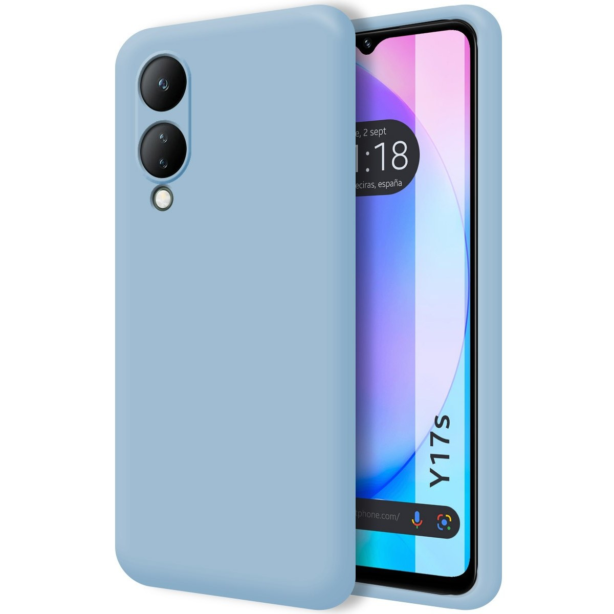 Custodia per telefono blu con telefono che mostra ora e posizione. Il telefono è visibile.