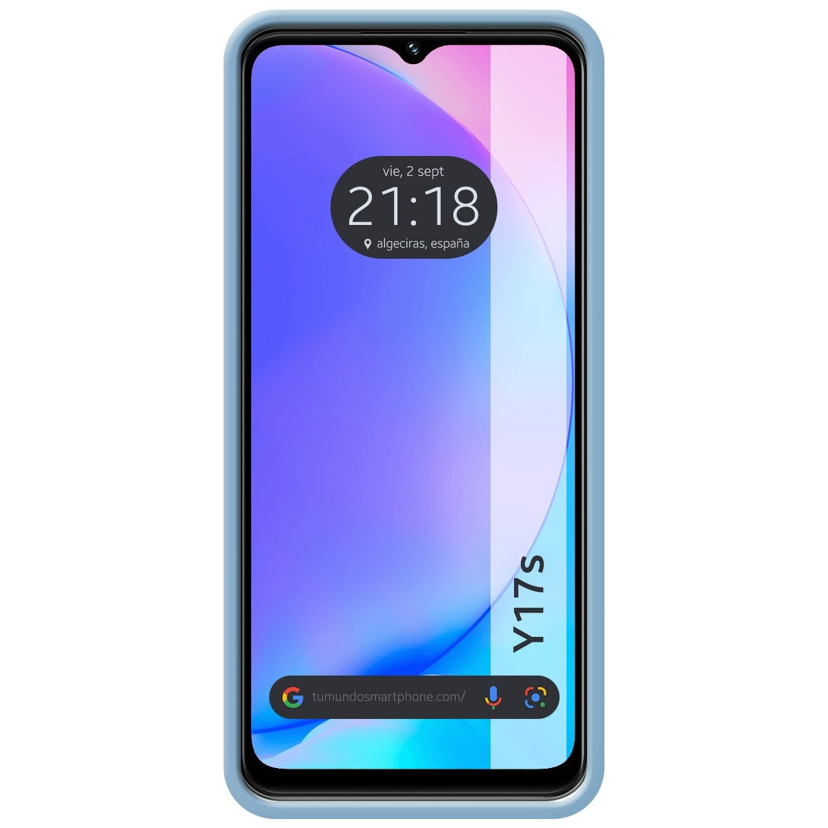 Schermo del telefono con custodia blu che mostra data, ora e indirizzo web.