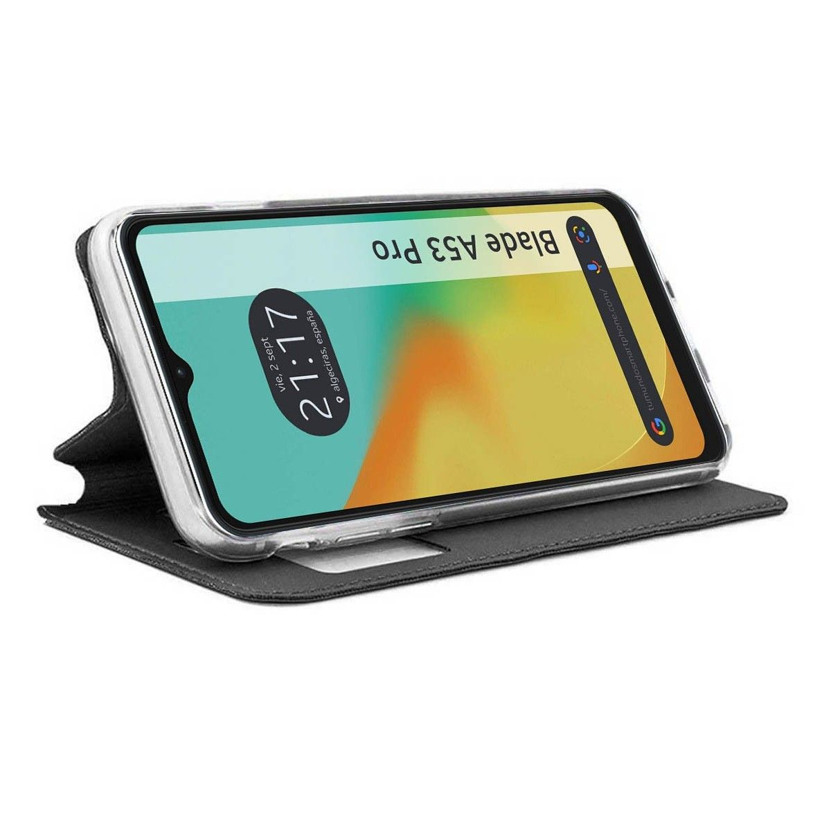 Telefono ZTE Blade A53 Pro in custodia, schermo con l'ora.