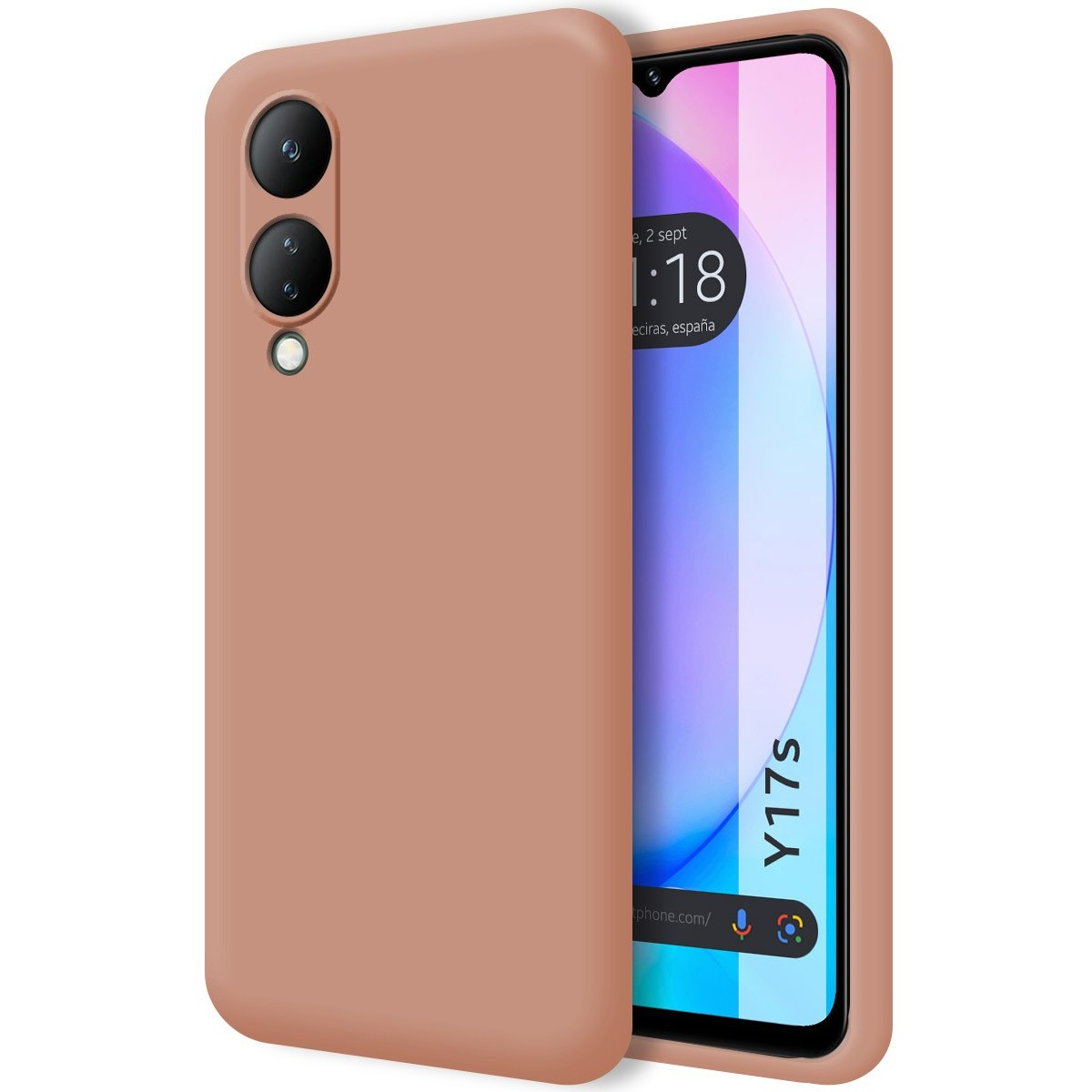 Custodia per telefono color corallo, che copre un telefono che mostra uno schermo con ora e data.