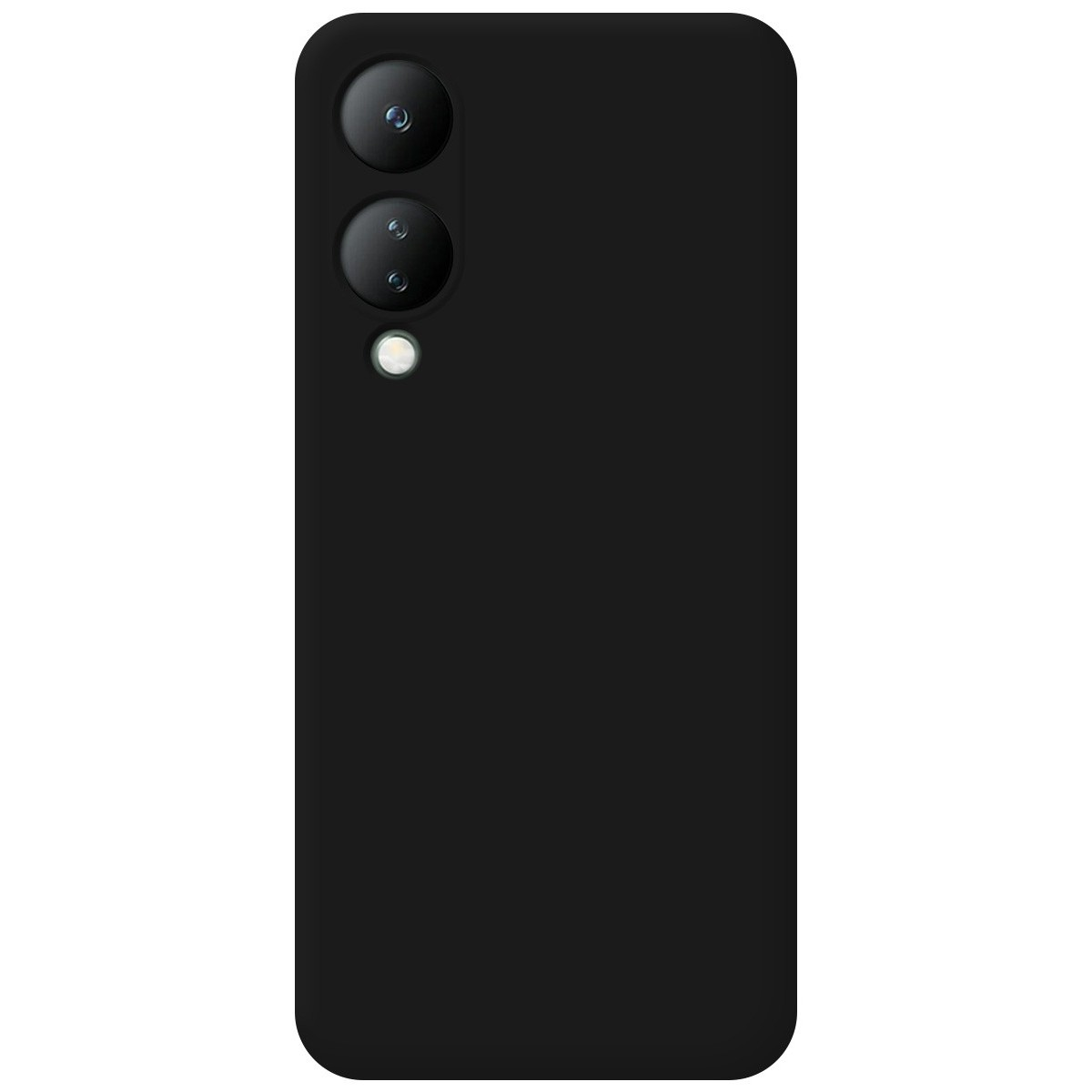 Custodia per telefono nera tinta unita con tre obiettivi e un flash. Design semplice, sfondo bianco.
