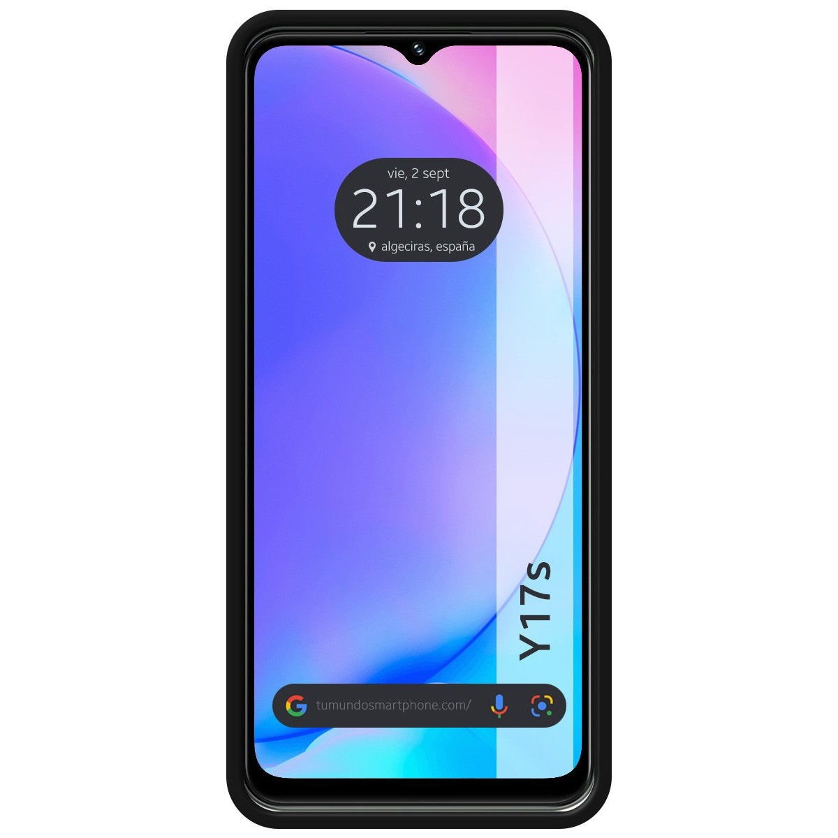 Smartphone con cornice nera che mostra ora e posizione, con icone delle app.