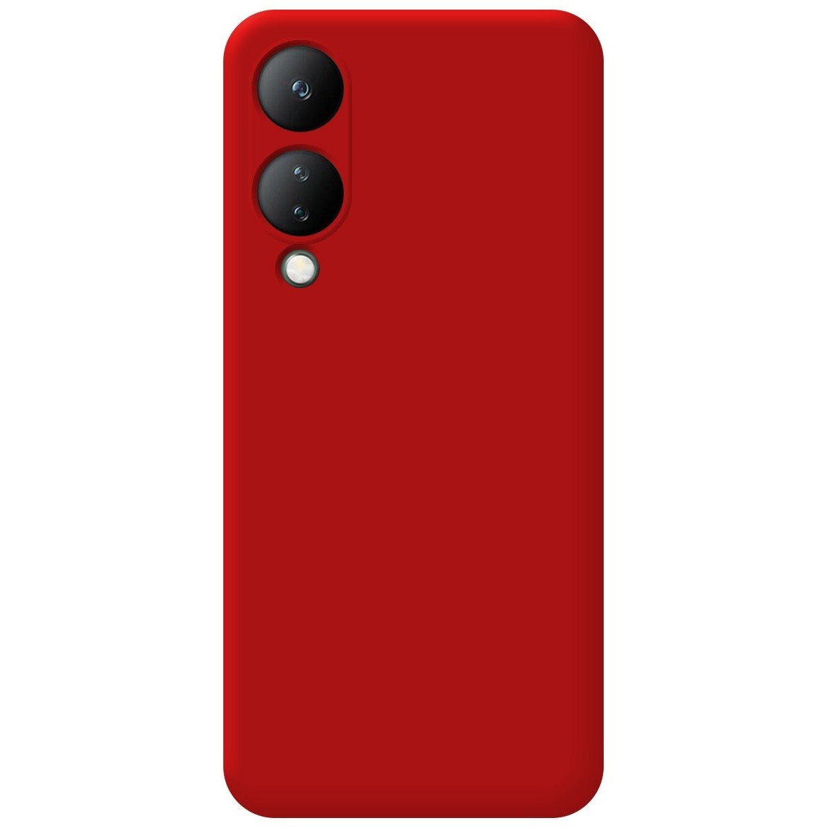 Custodia per telefono rossa. Sono presenti due obiettivi della fotocamera e un flash.