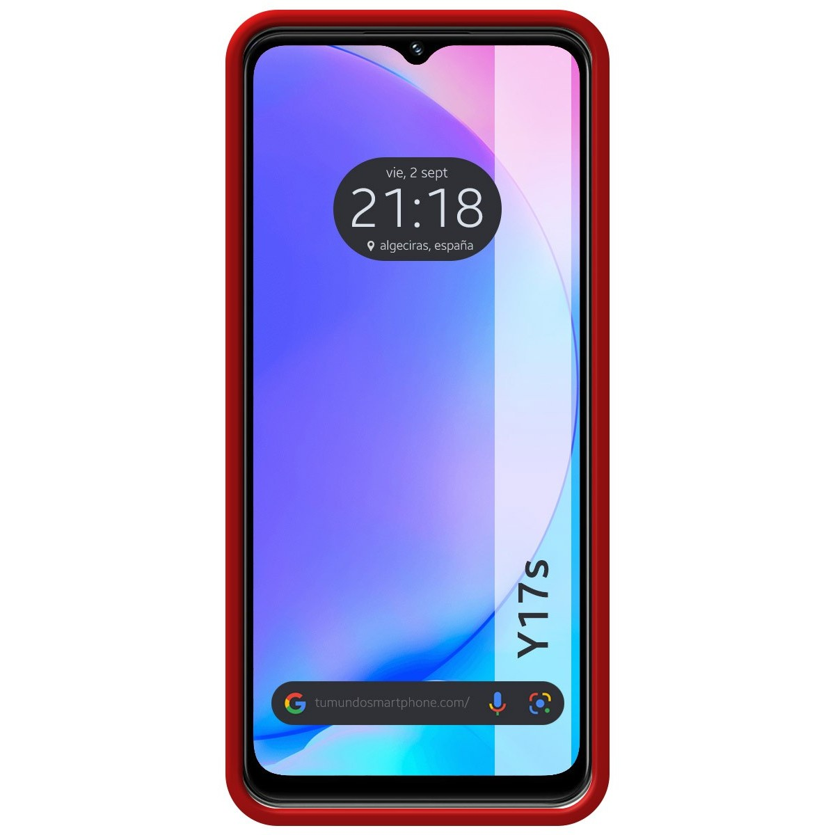 Smartphone con cornice rossa che mostra ora e luogo sullo schermo.
