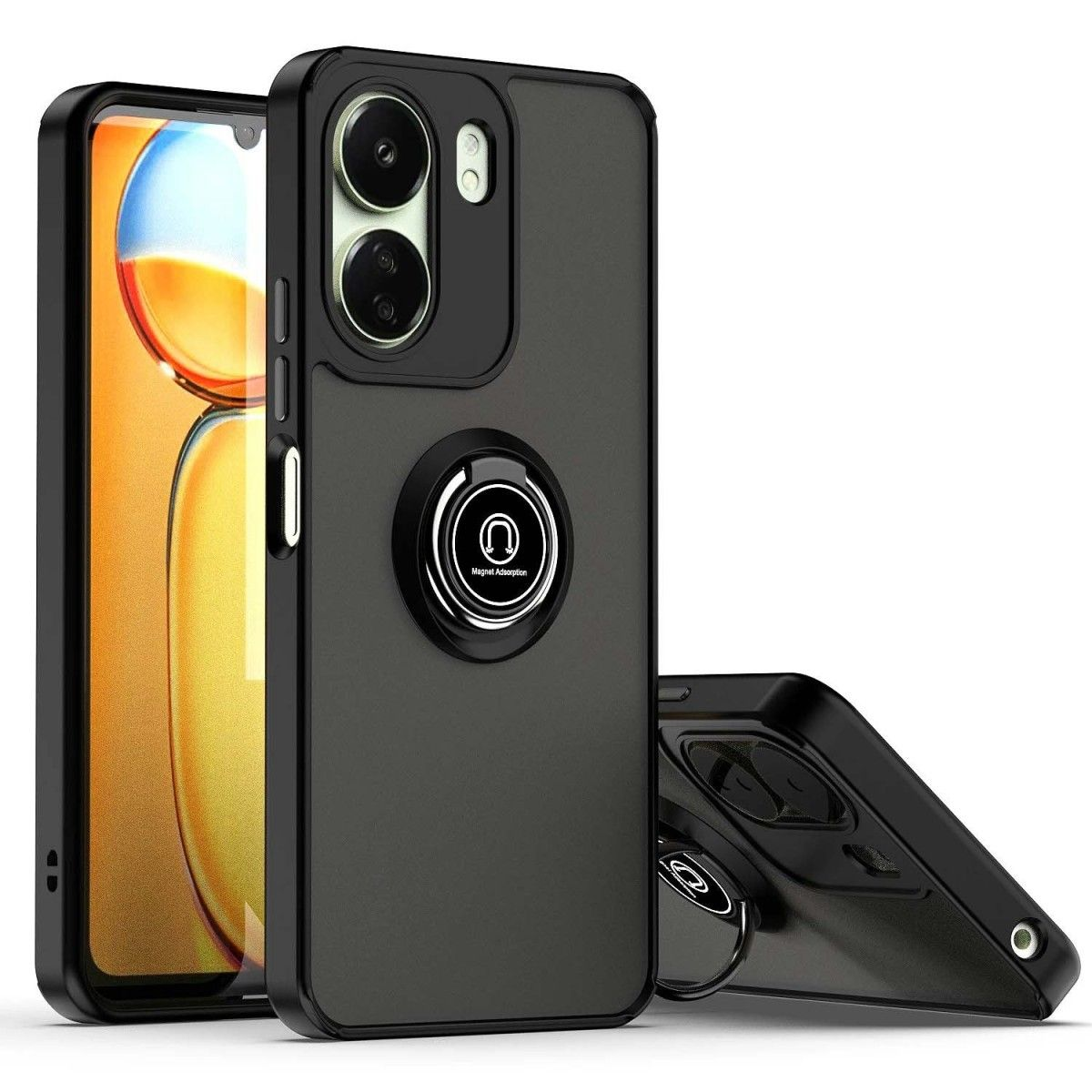 Funda de teléfono negra con protección de cámara y un soporte de anillo.