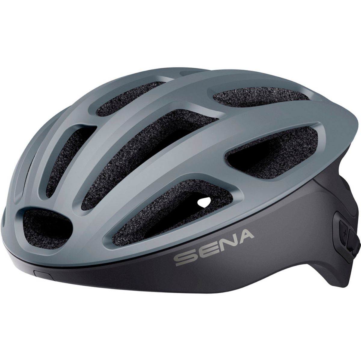 Grauer Fahrradhelm mit Belüftungsöffnungen und dem Markennamen 'SENA'.