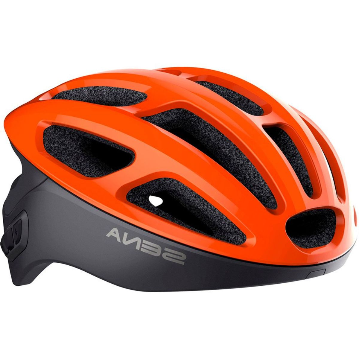 Oranger und grauer Fahrradhelm. Der Markenname steht auf dem Helm.