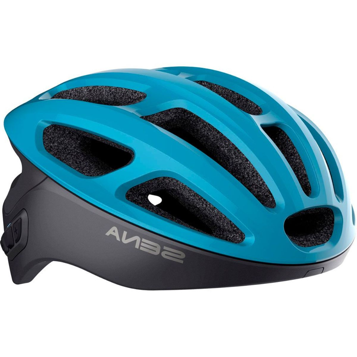 Blau-grauer Fahrradhelm. Das Wort SENA steht an der Seite. Innen ist er schwarz gepolstert.