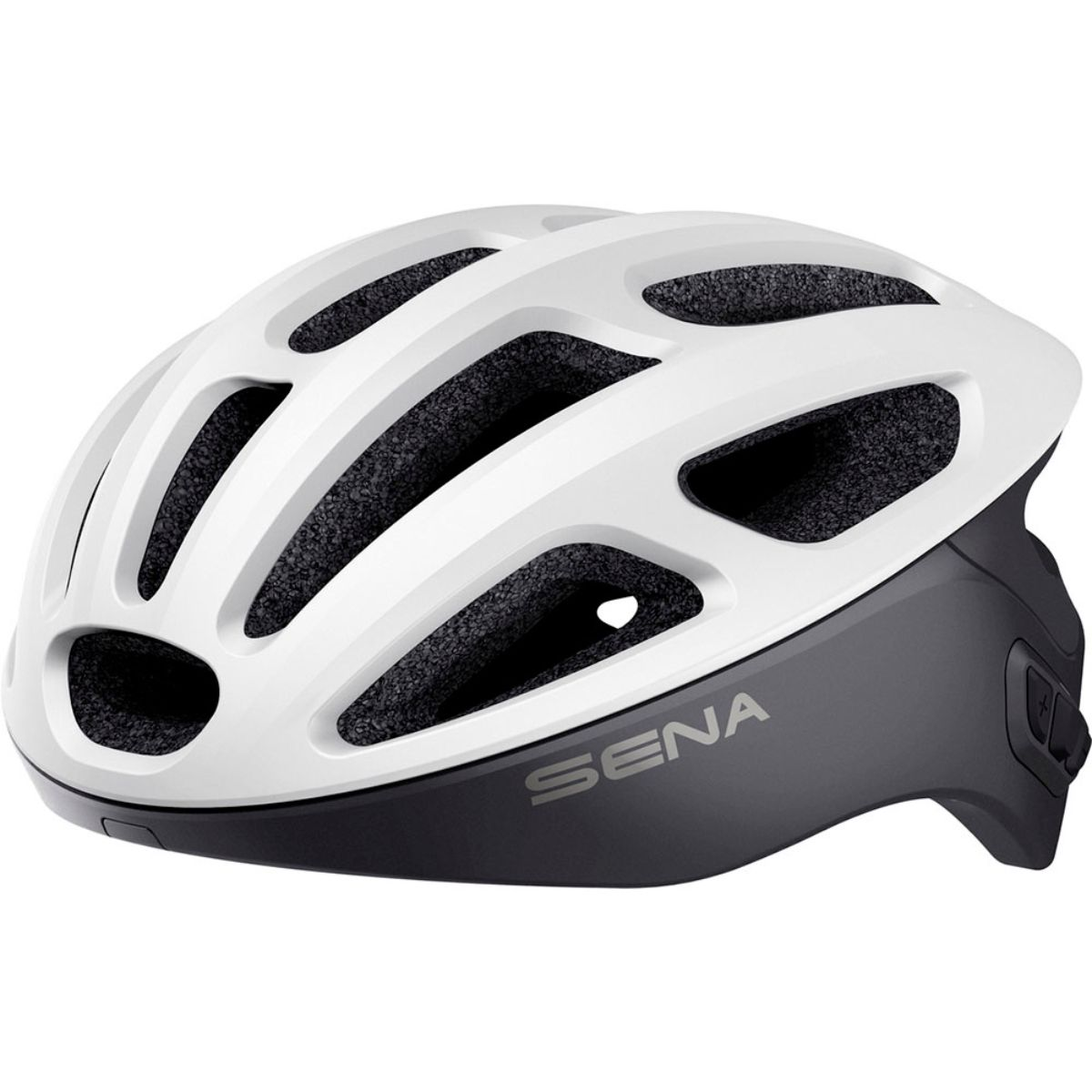 Weiß-schwarzer Fahrradhelm. Der Helm hat das Wort 'SENA' an der Seite und Luftschlitze.