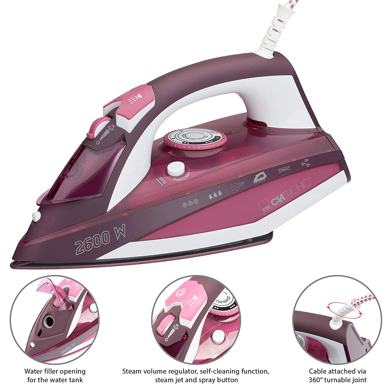 Żelazko ze szczegółami. Otwór do napełniania wodą, regulator pary i złącze kablowe.