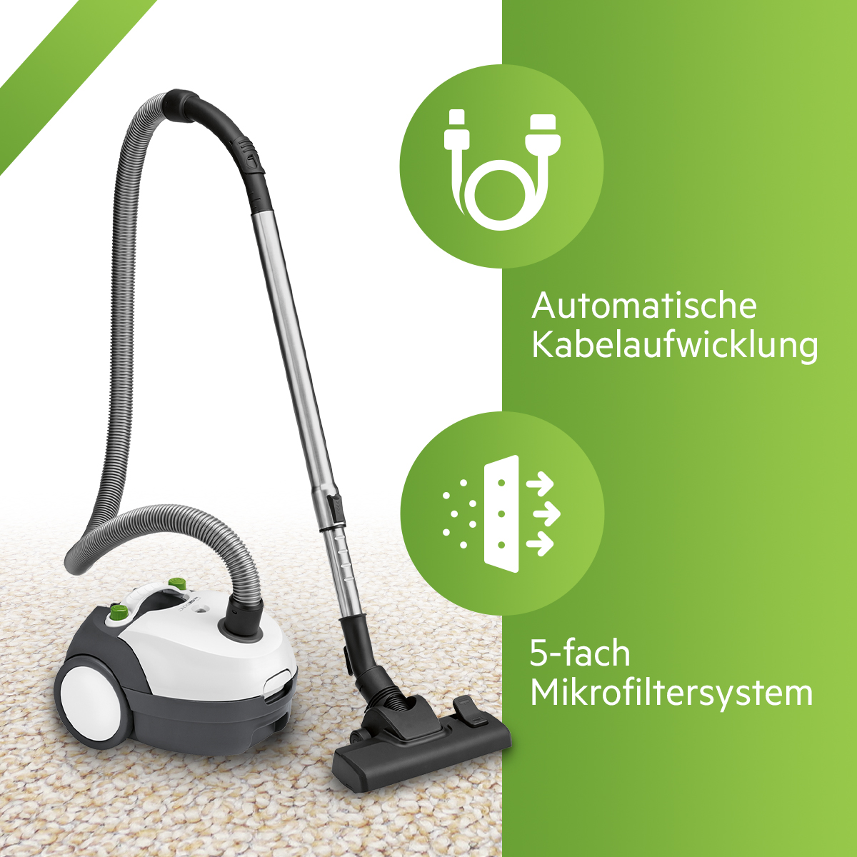 Odkurzacz z tekstem i ikonami na dywanie, pokazujący funkcje czyszczenia.