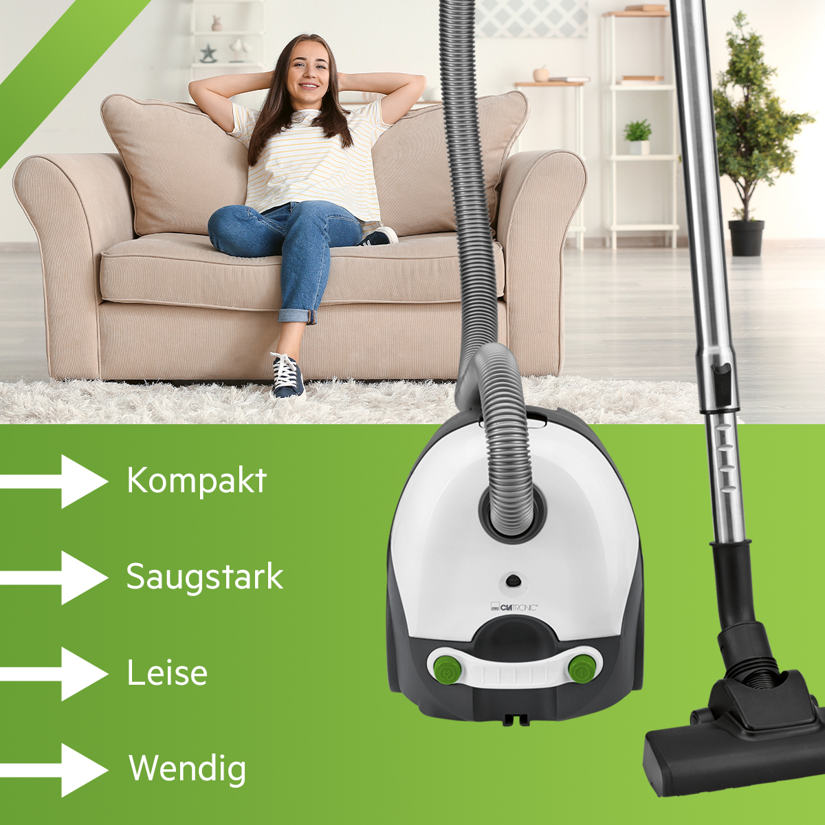 Kobieta siedząca na sofie; odkurzacz ze strzałkami do cech: Kompaktowy, Mocny, Cichy, Zwrotny.