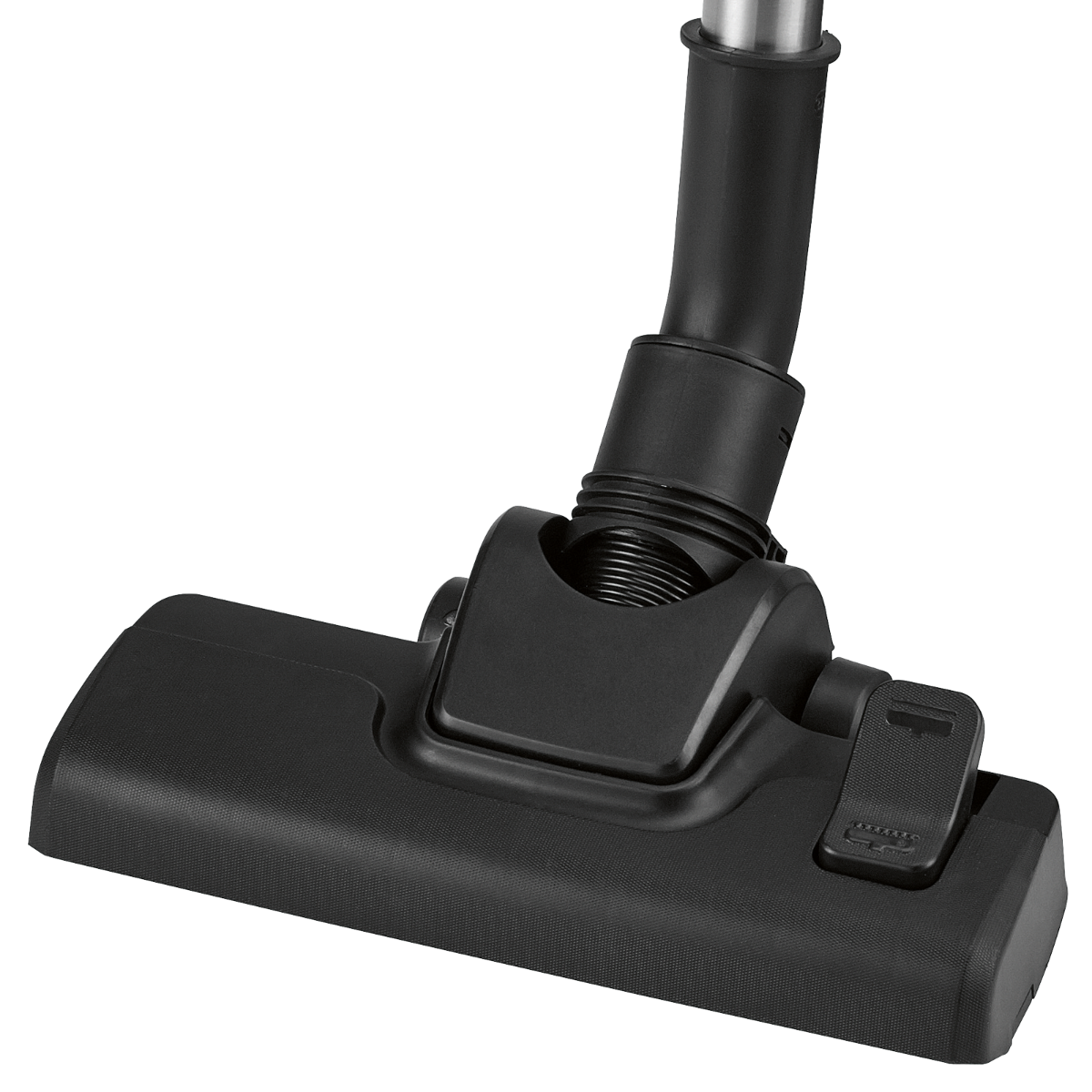 Czarna głowica odkurzacza, widok z boku, na czarnym tle.