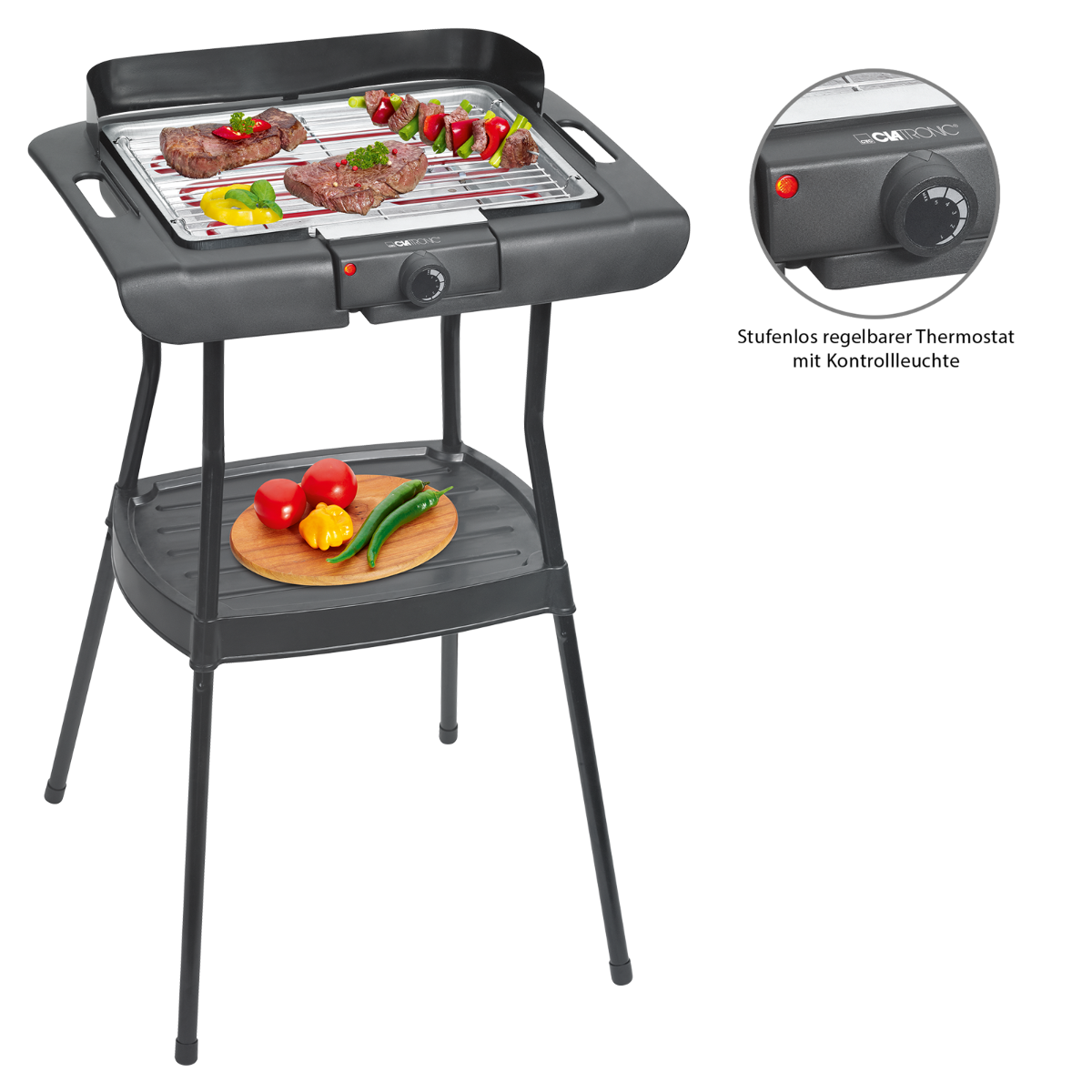 Grill elektryczny z jedzeniem na nim. Widoczna półka z warzywami i pokrętło sterowania.