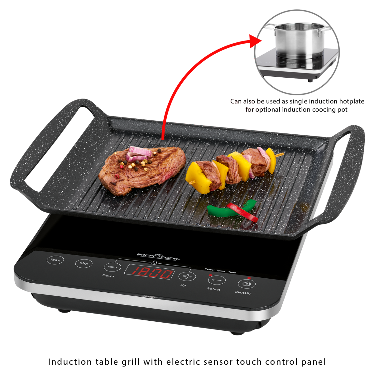 Grill z stekiem i szaszłykami. Płyta grillowa stoi na czarnej podstawie z elementami sterującymi i garnkiem.