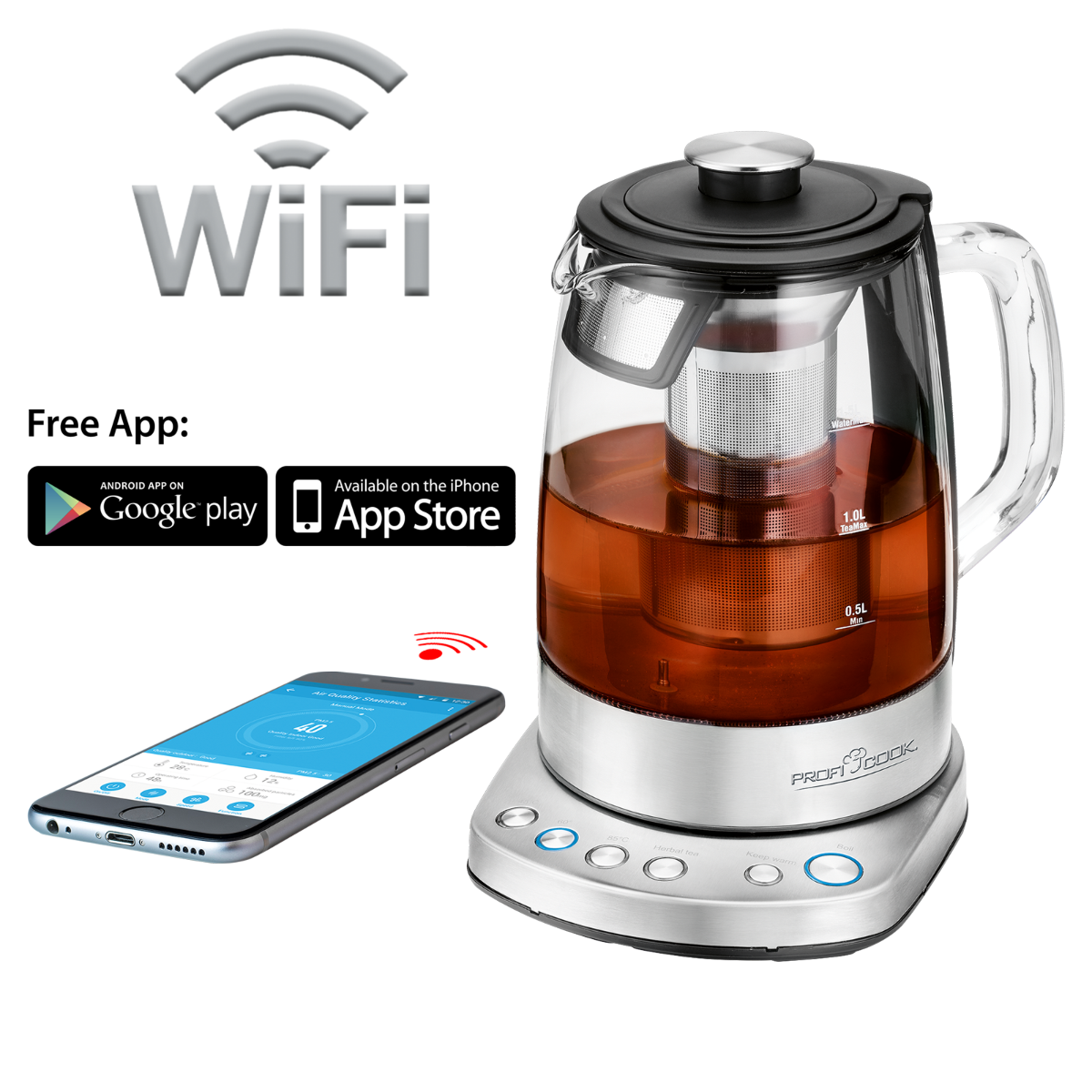 Inteligentny czajnik z telefonem wyświetlającym aplikację. Symbol WiFi powyżej.