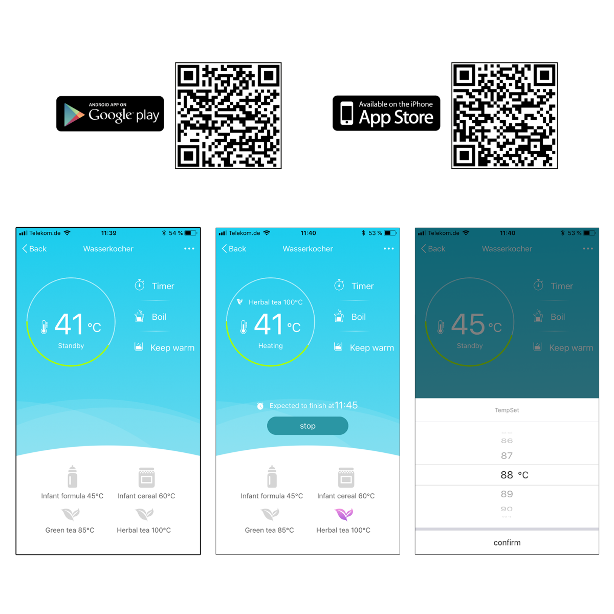 Zrzuty ekranu aplikacji inteligentnego czajnika z ustawieniami temperatury i kodami QR.