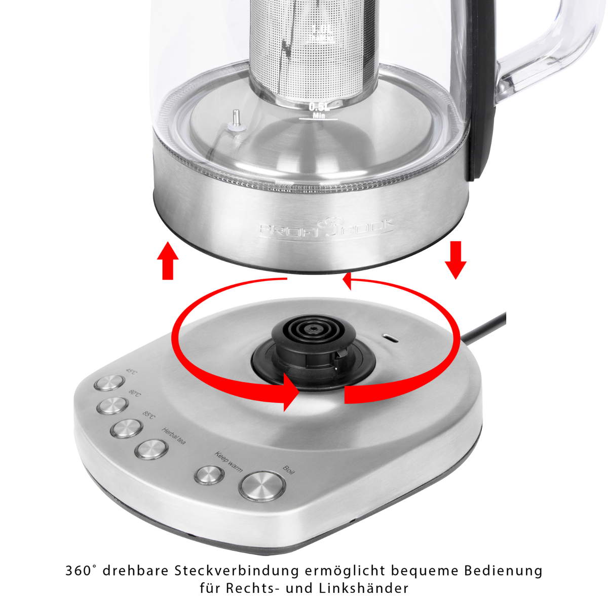 Czajnik elektryczny ProfiCook ze szklaną pokrywką i srebrną podstawą, strzałkami i numerami.