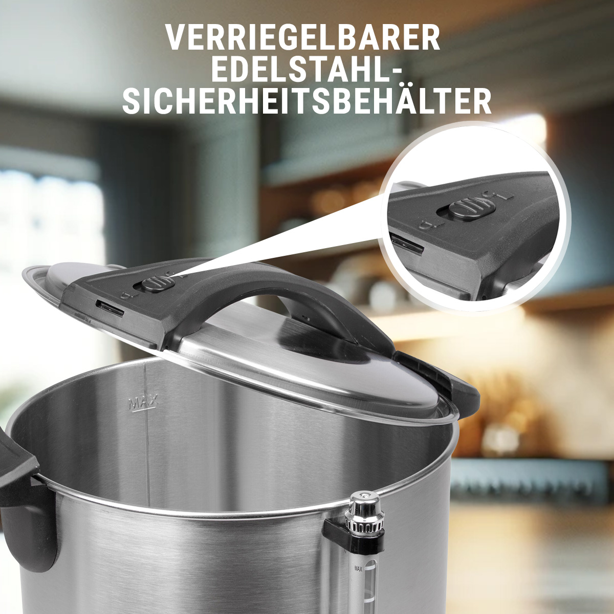 Contenitore in acciaio inossidabile con coperchio nero. Primo piano mostra i dettagli del coperchio. Testo: VERRIEGELBARER EDELSTAHL-SICHERHEITSBEHÄLTER.