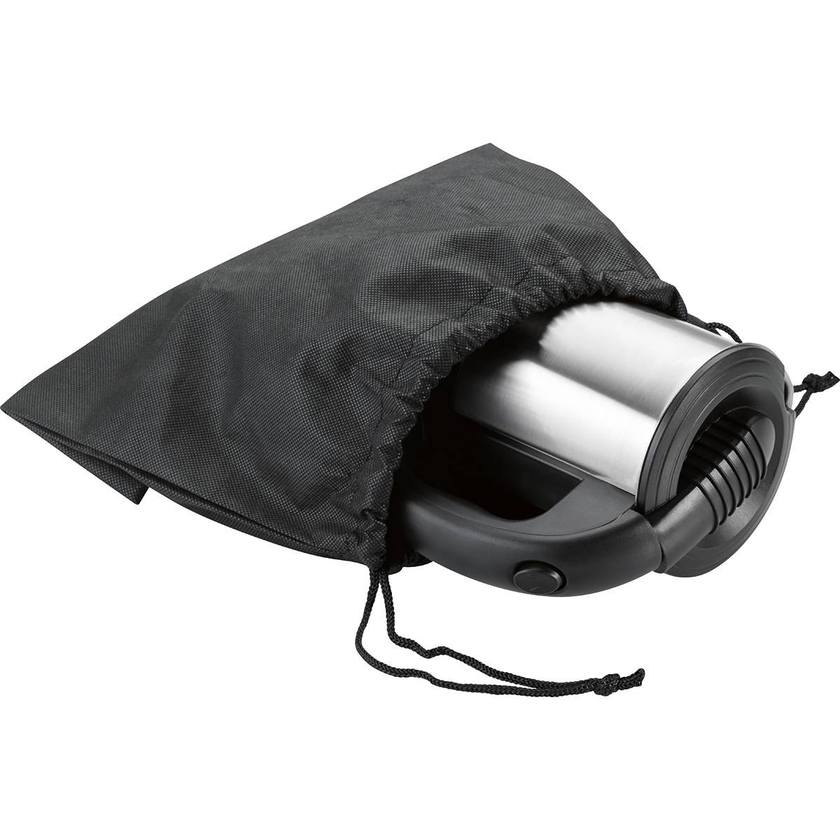 Srebrno-czarny termos z czarną torbą transportową. Termos jest w czarnej torbie, ze sznurkiem.