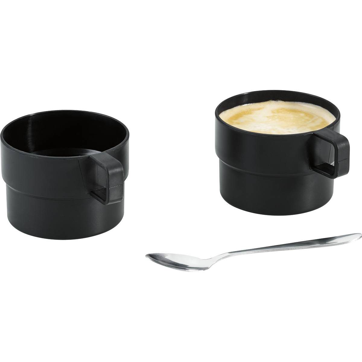 Dwa czarne kubki z uchwytami i łyżka.