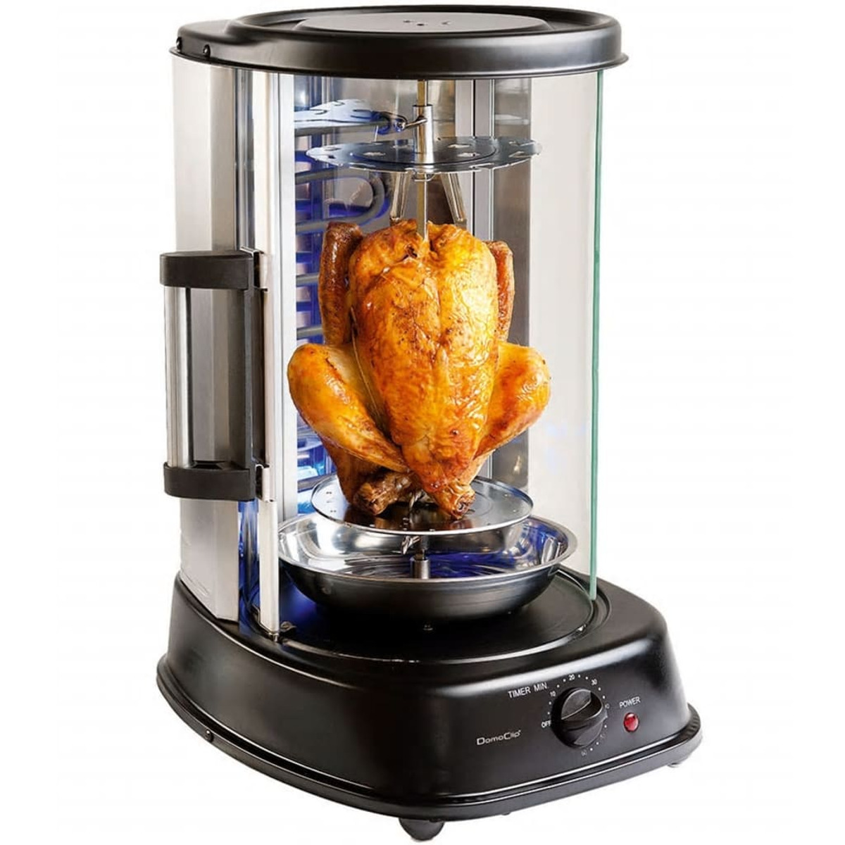 Forno a girarrosto con pollo arrosto visibile, vetro frontale e base nera.