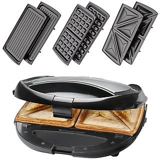 Sandwichera - BOMANN ST/WA 1364 CB, Sandwichera 3 en 1, Gofrera, Panini Grill-Plancha, Bandejas Intercambiables, Placas A, 650 W, Negro/Gris