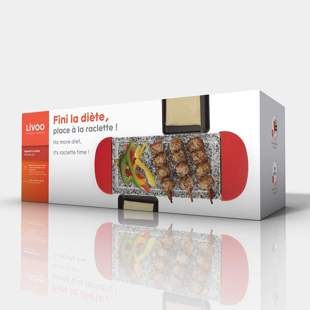 Pudełko grilla do raclette z jedzeniem i tekstem po francusku. Pudełko czerwone, białe.