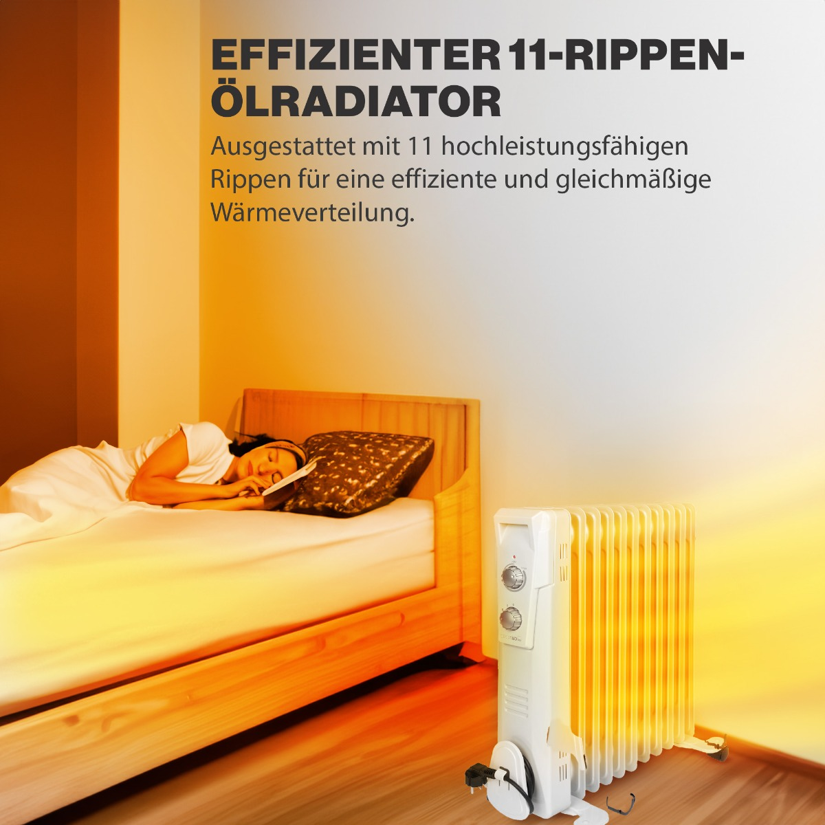 Kobieta śpi w łóżku z białym kaloryferem obok, żółto-pomarańczowy gradient jest rzucany na scenę.