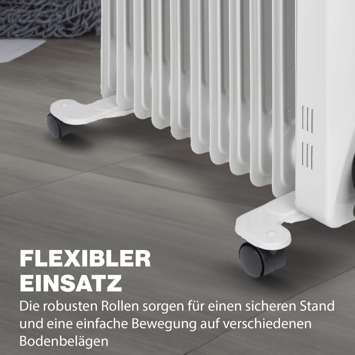 Biały grzejnik elektryczny na kółkach, z napisem "FLEXIBLER EINSATZ" i tekstem poniżej.