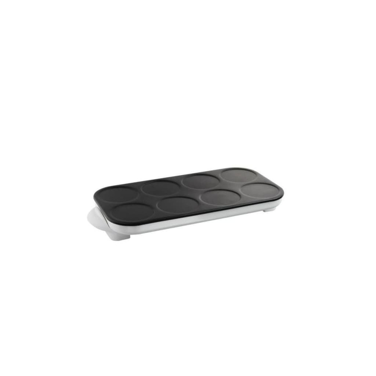 Una piccola macchina per crepe elettrica in bianco e nero con 8 stampi circolari.