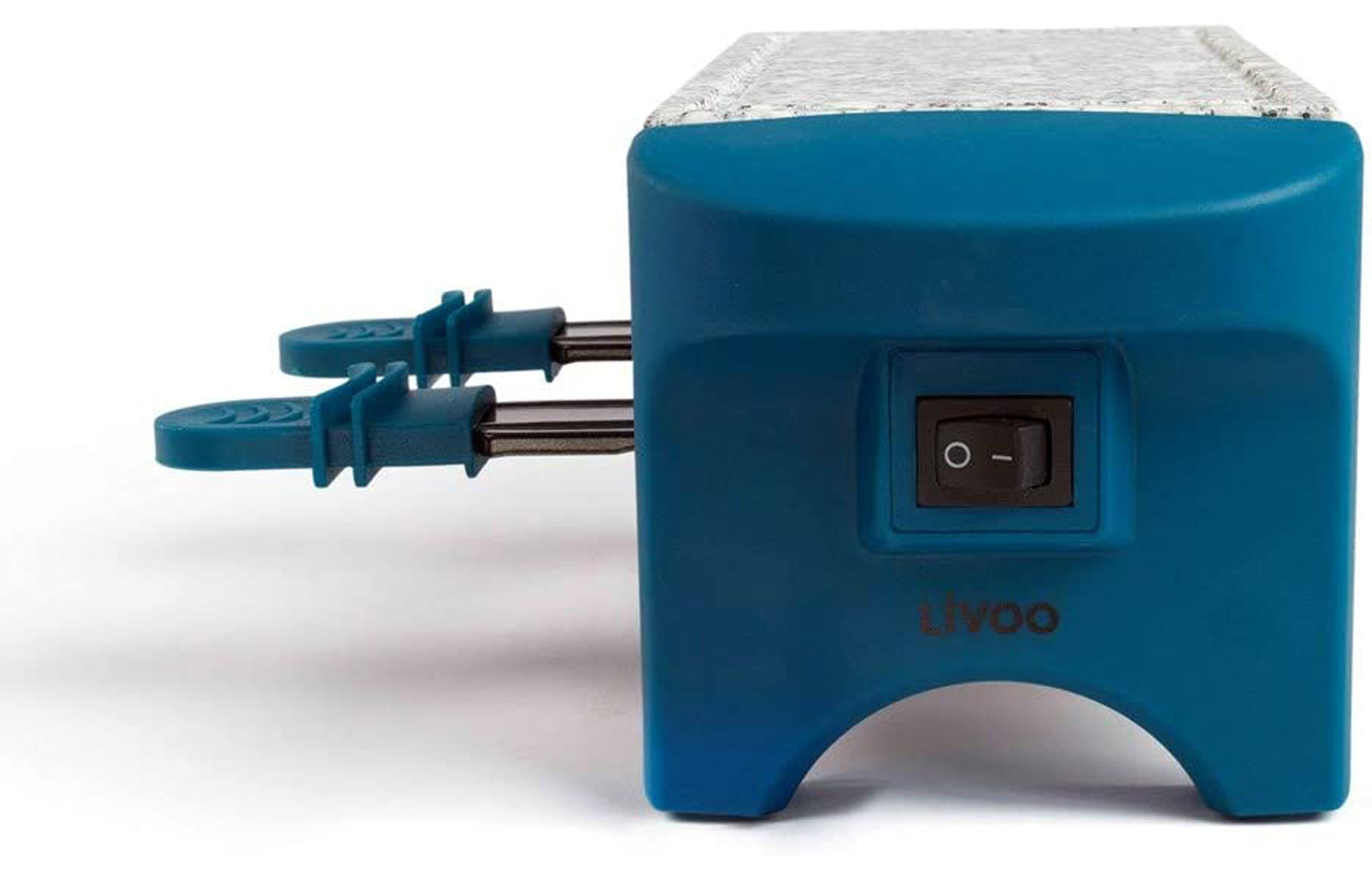 Niebieskie urządzenie kuchenne. Ma dwa metalowe bolce i włącznik.