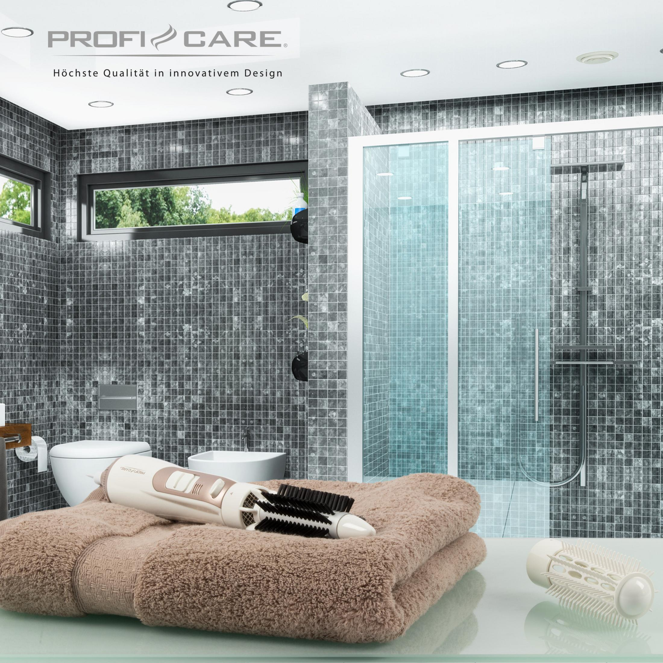 Scena łazienki z suszarką do włosów na ręczniku, prysznicem w tle i toaletą. Nowoczesny design.