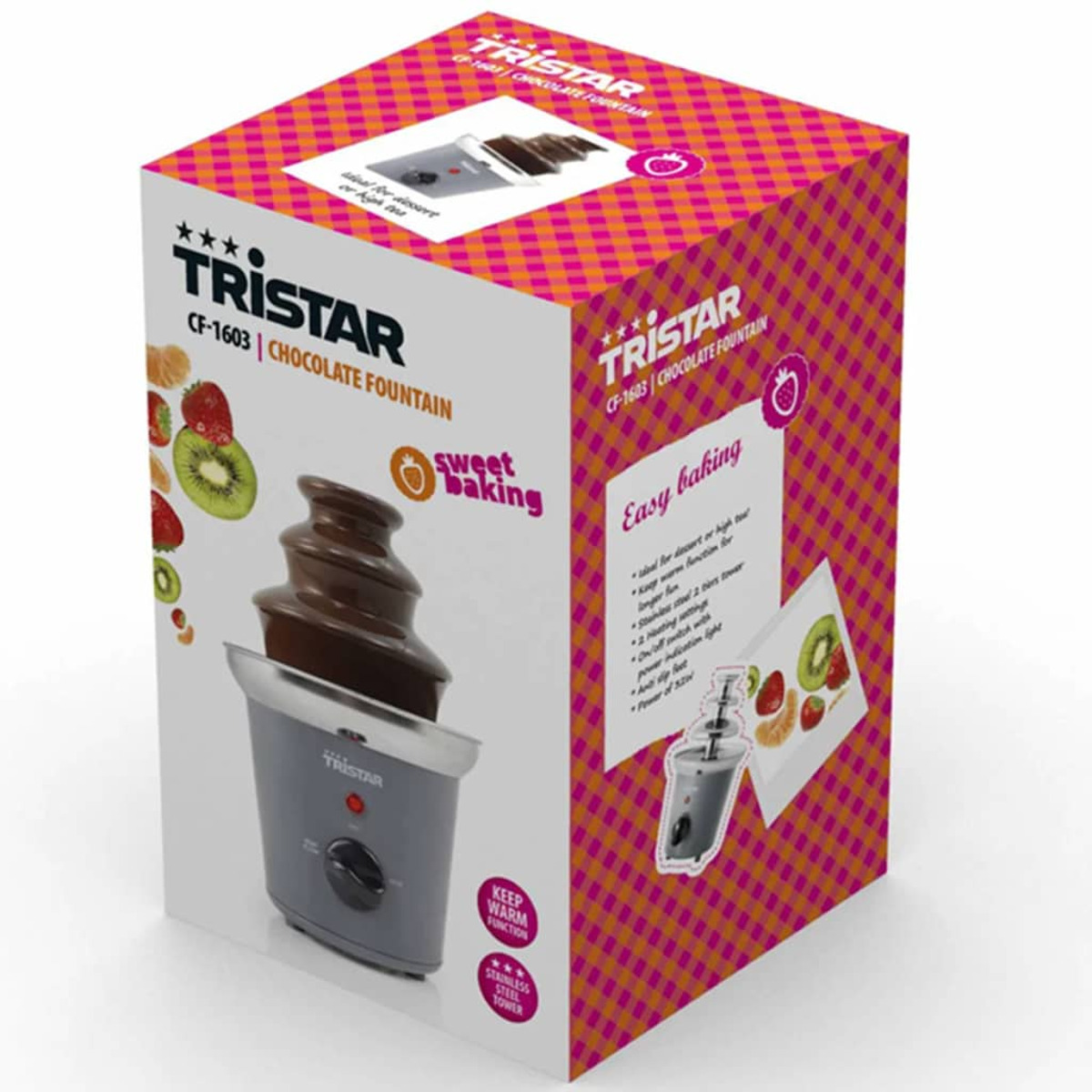 Scatola della fontana di cioccolato con istruzioni, frutta e un'immagine della fontana.