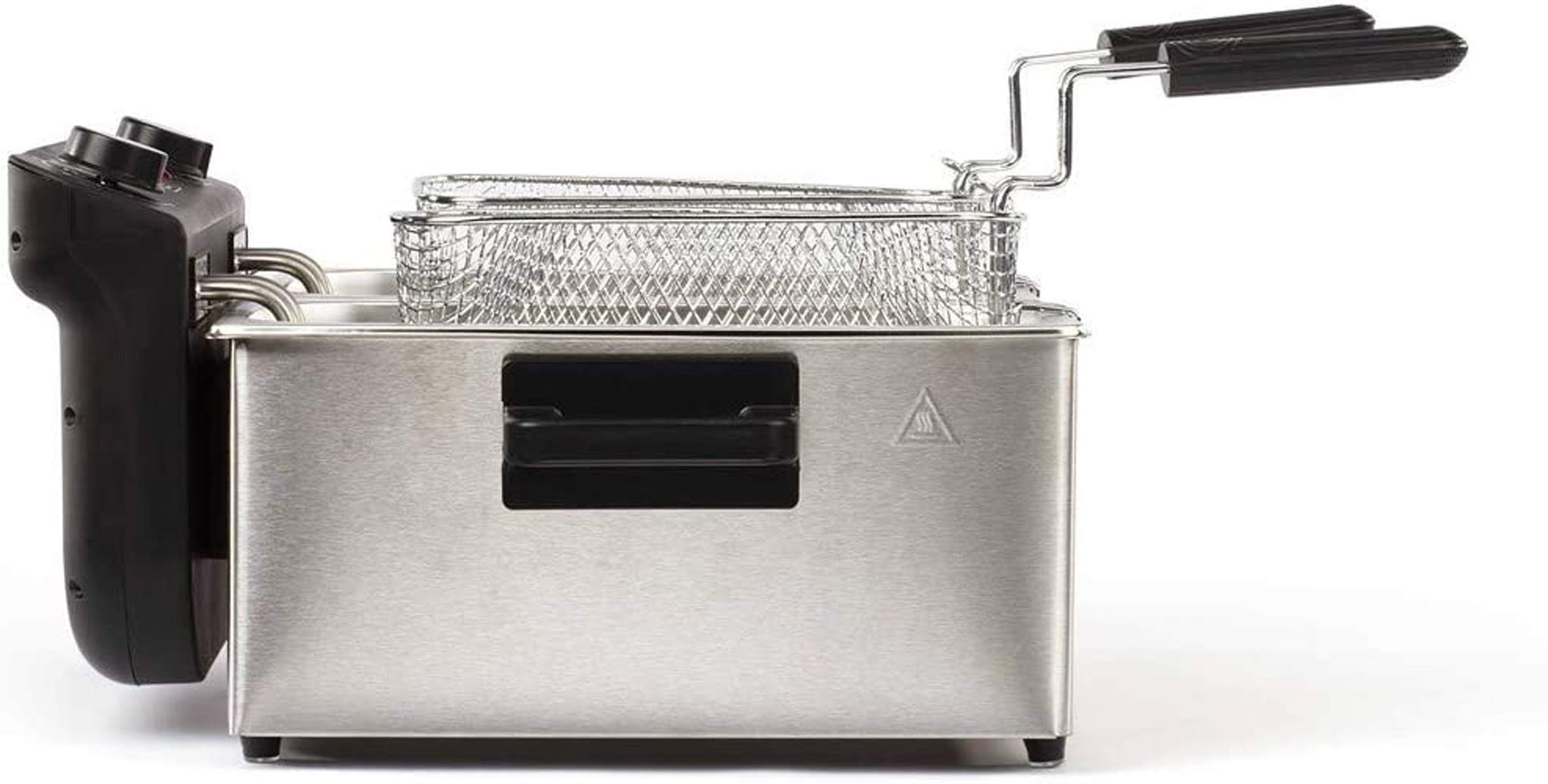 Frytownica ze stali nierdzewnej. Zawiera kosz i czarny panel sterowania po lewej stronie.