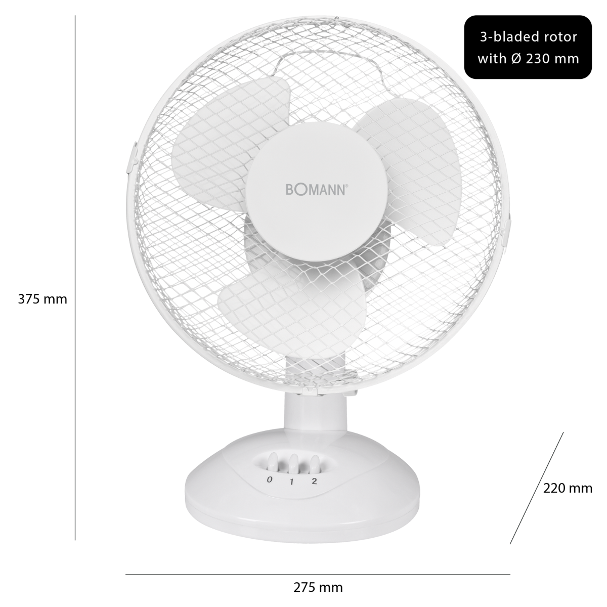 Biały wentylator z 3 łopatkami. Ma okrągłą klatkę i okrągłą podstawę z panelem sterowania.