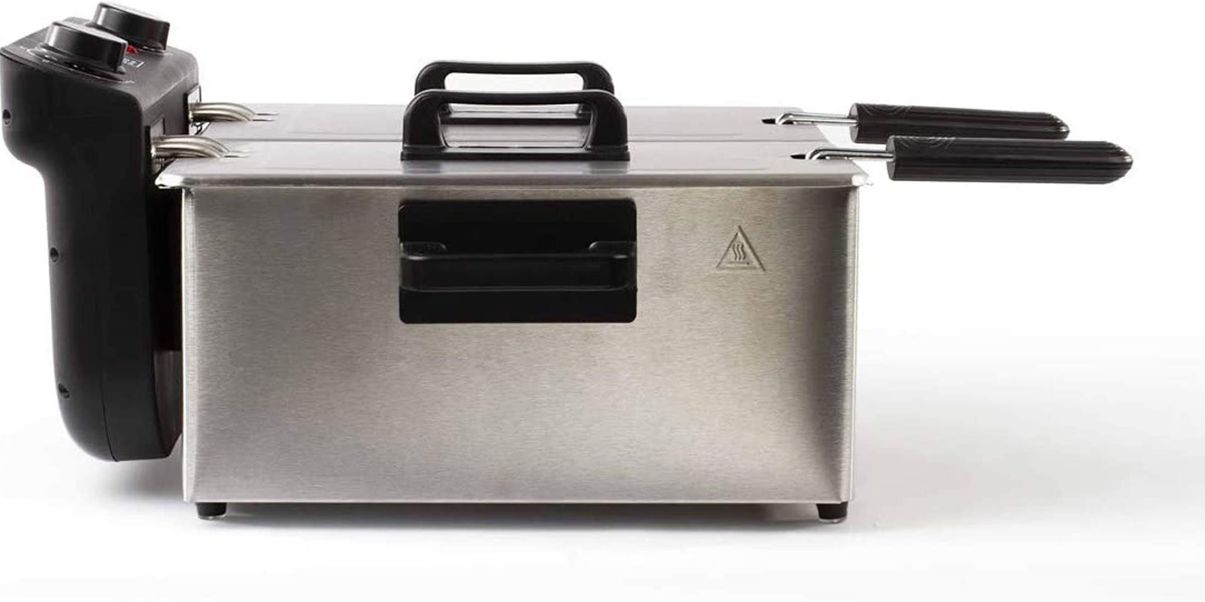 Frytownica ze stali nierdzewnej z czarnymi uchwytami i panelem sterowania.