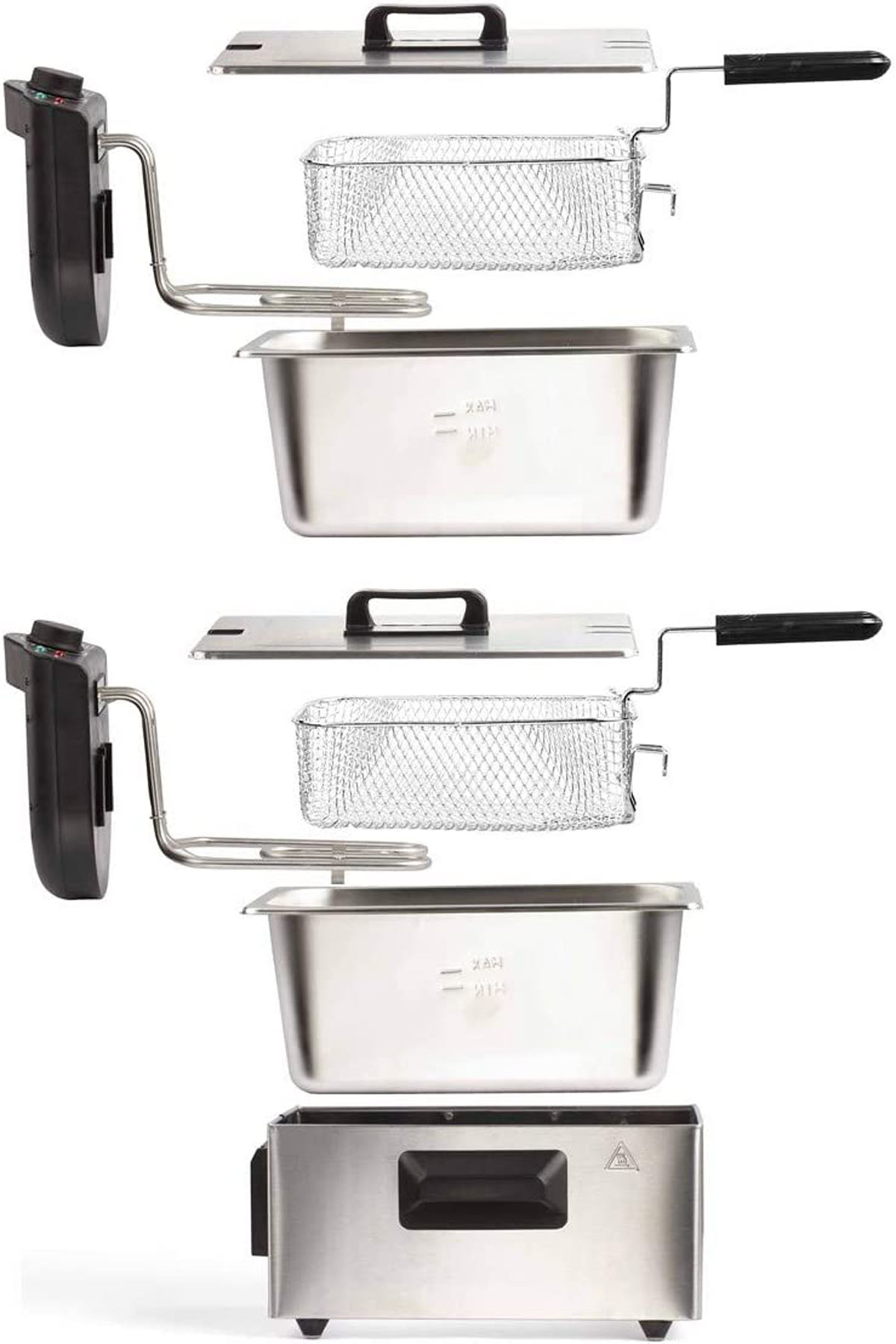 Zdemontowana frytownica. Elementy: kosz, zbiornik, pokrywa i panel sterowania.