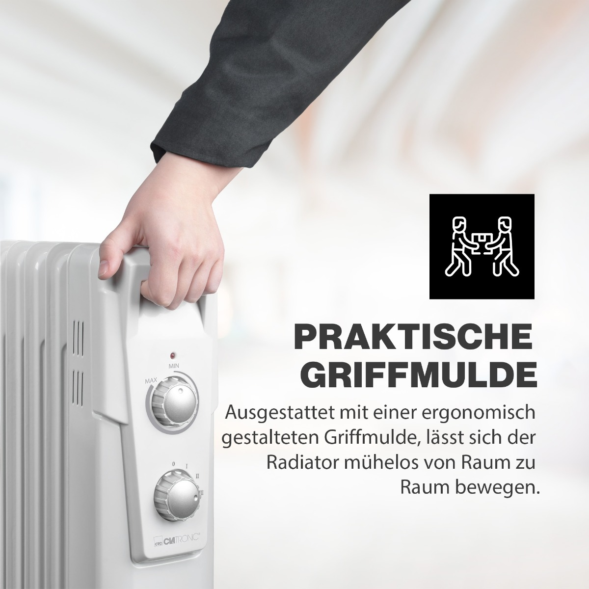 Ręka trzymająca biały grzejnik. Tekst mówi 'PRAKTYCZNY UCHWYT'.