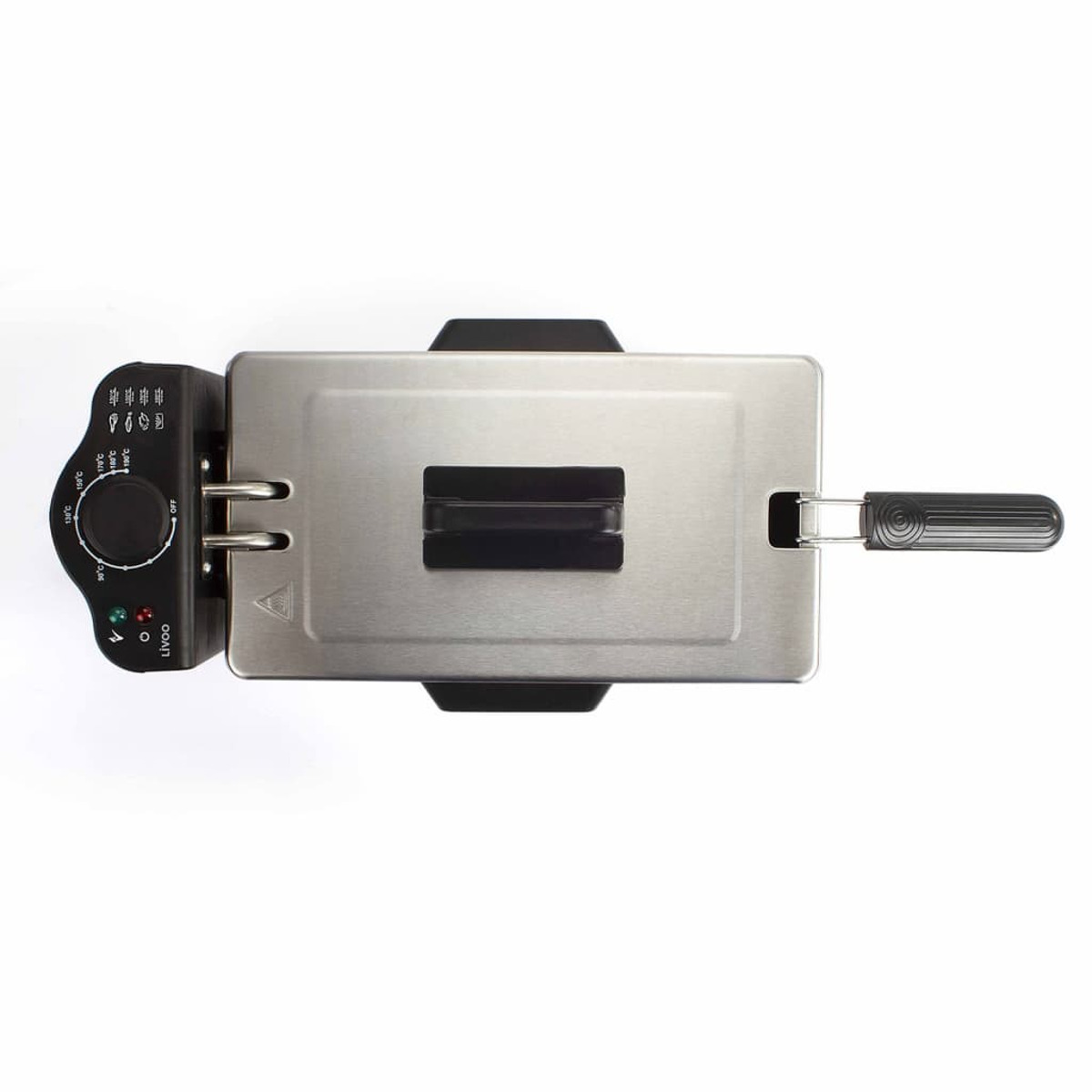 Widok z góry na frytownicę ze stali nierdzewnej z czarnym uchwytem i panelem sterowania.