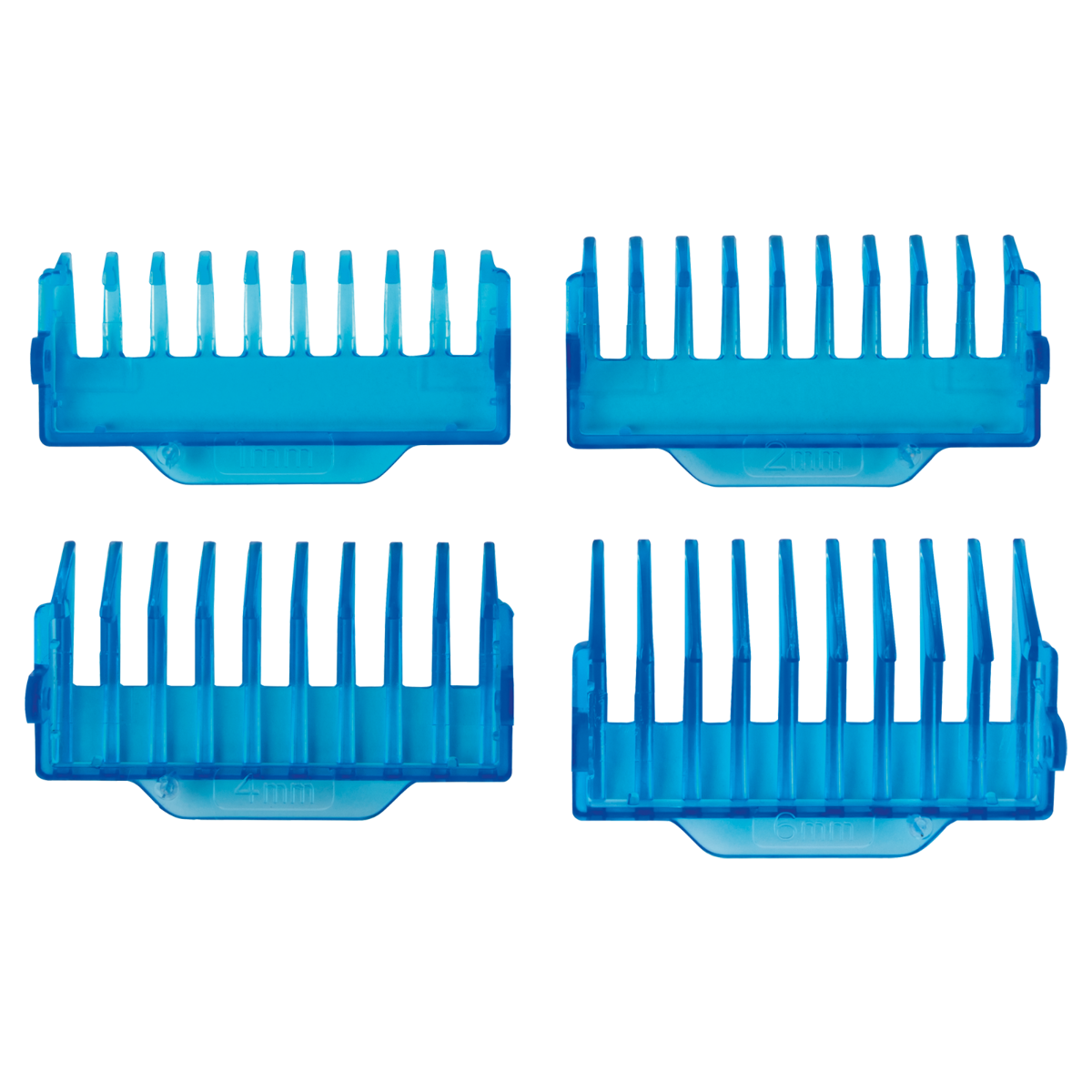 Cztery niebieskie nasadki do strzyżenia włosów. Każda nasadka ma oznaczenia w mm.