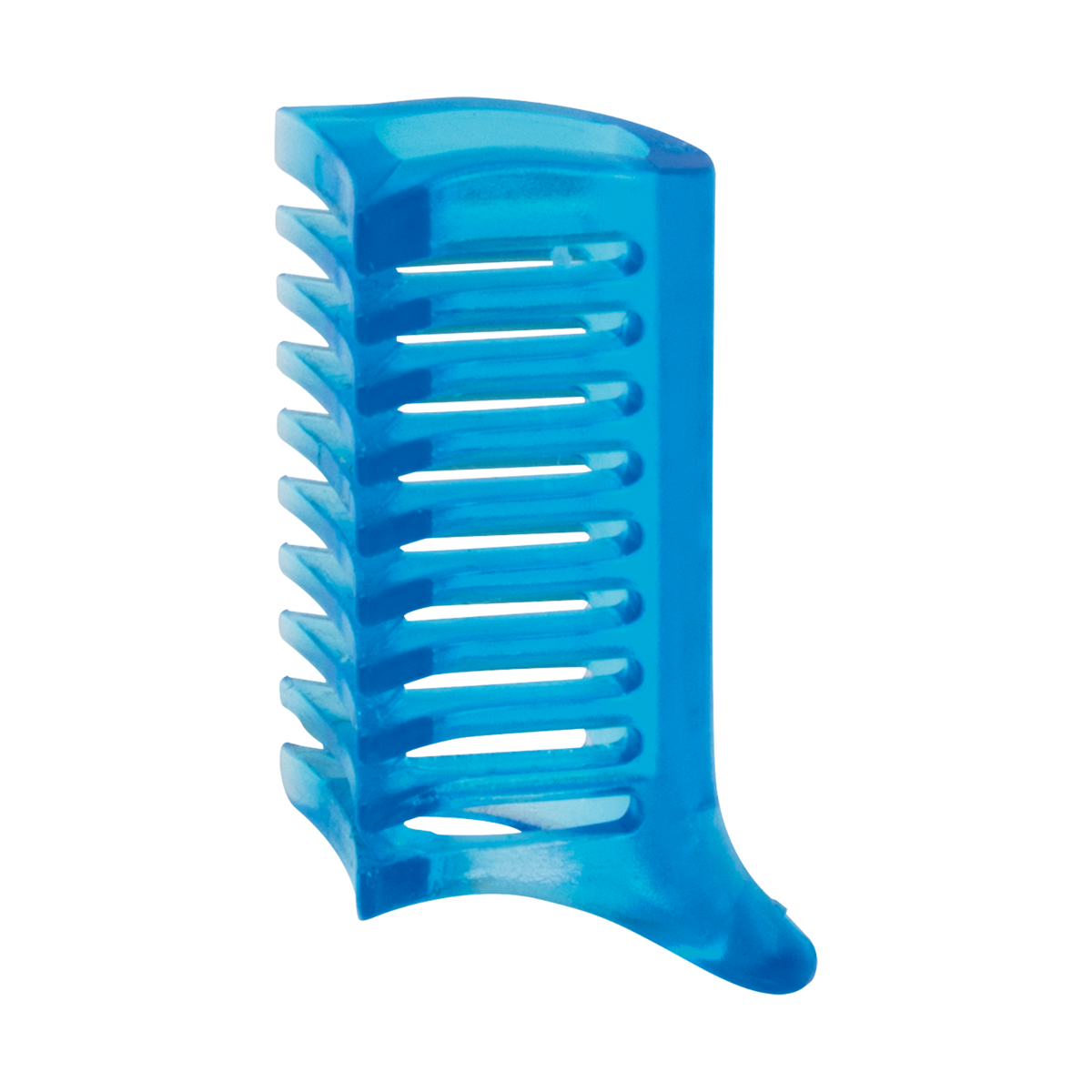 Niebieski plastikowy grzebień z ukośnymi zębami, na czarnym tle.